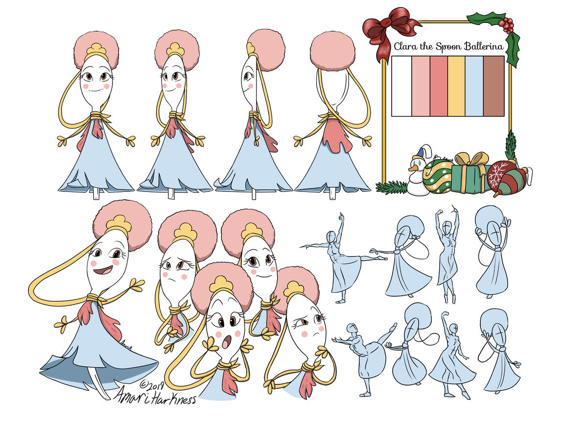 A character sheet of Clara the Spoon Ballerina showing a turnaround, her main pose, facial expressions, and poses referenced from ballet.