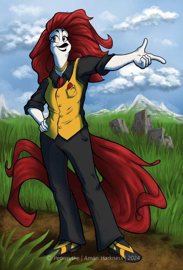 Art of my daydream character Phyrrus, a nonbinary anthro Rifta Pachyptila or living paintbrush (either interpretation is valid lol). They wear a slick vest and pants with dress shoes.