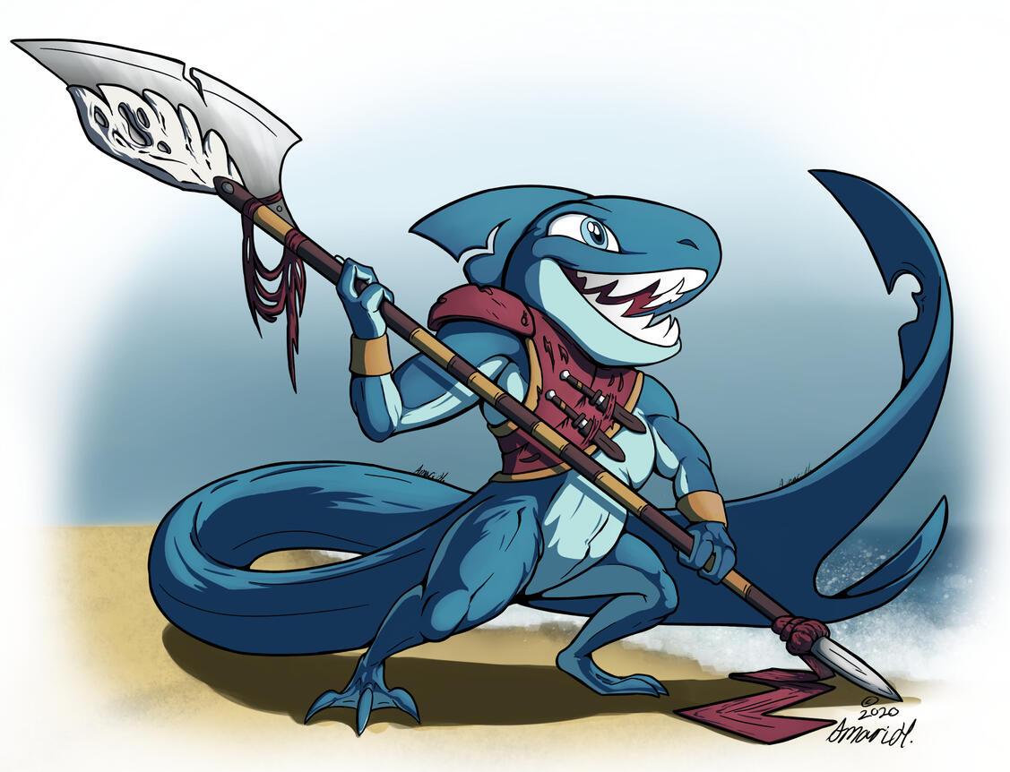 Rashba is an anthro whipshark wielding a spear and wearing minimal armor.