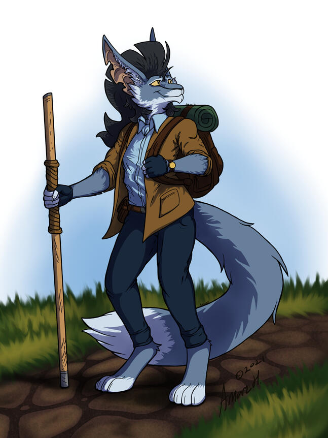 Art of my daydream character Cyprus, a transwoman anthro wolf. She wears camping clothes and gear and holds a walking stick while traveling.
