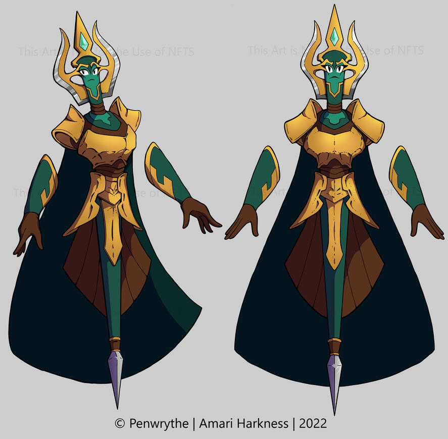 Sylvania of the Spirit Keep from Raid Shadow Legends as represented in my style. She is shown as a living large spear with a doubled-sided ax blade as her head and wears armor over her chest. A long cape drapes behind her.