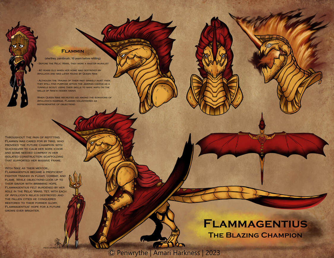 Flammagentius character sheet showing full body, front and side view of their head. Flammagentius is a bronze armor covered monolithic flying torch.