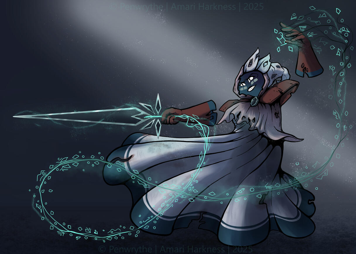 Gwenevere is a living cloak casting magic and wielding a crystal sword in her hand.