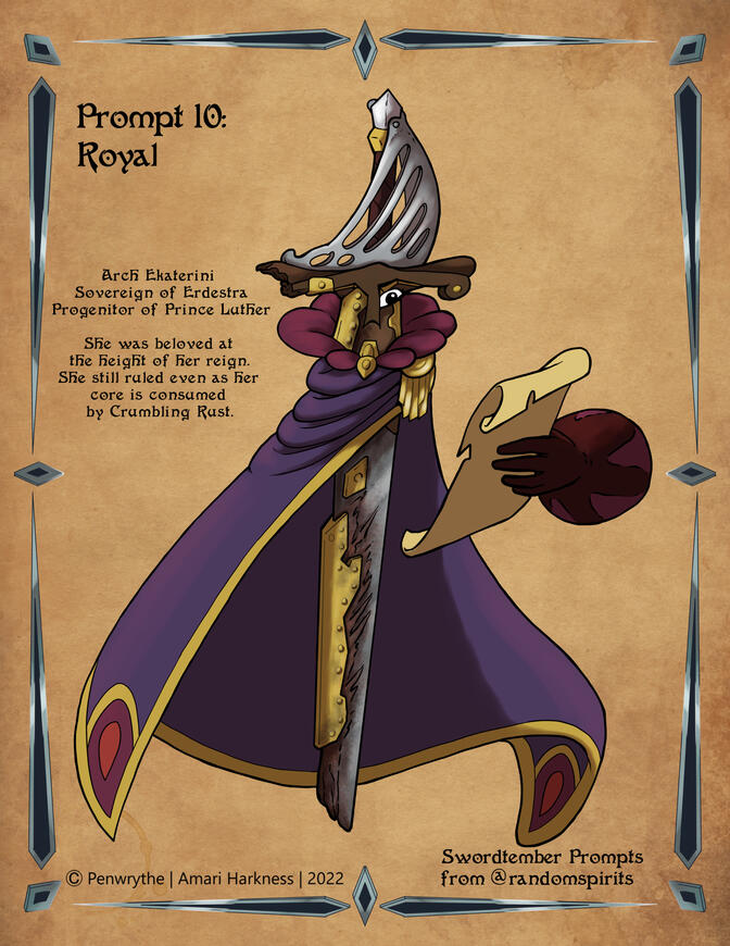 Ekaterini is a living disabled sword with bronze fixtures over her rusted left half. She wears a purple cape. Text reads: Arch Ekaterini, Sovereign of Erdestra, Progenitor of Prince Luther. She was beloved at the height of her reign. She ruled even as her
