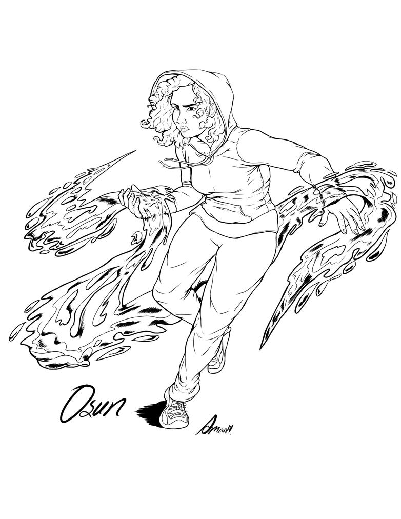 Alexis is a Black woman who is charging forward towards the viewer with water swirling around her.